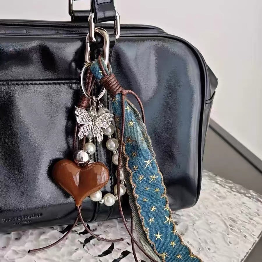 Brown Heart & Butterfly Denim Bag Charm & Phone Chain