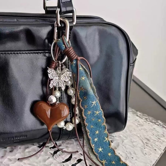 Brown Heart & Butterfly Denim Bag Charm & Phone Chain
