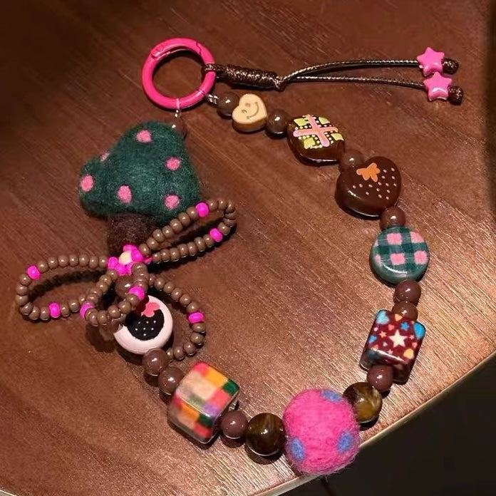 Handmade Felt Mushroom Contrast Color Beads Bag Charms & Phone Chain