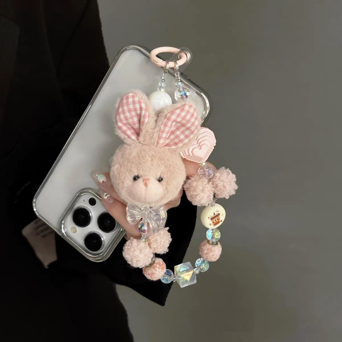 Pink Rabbit Plush Beaded Phone Chain