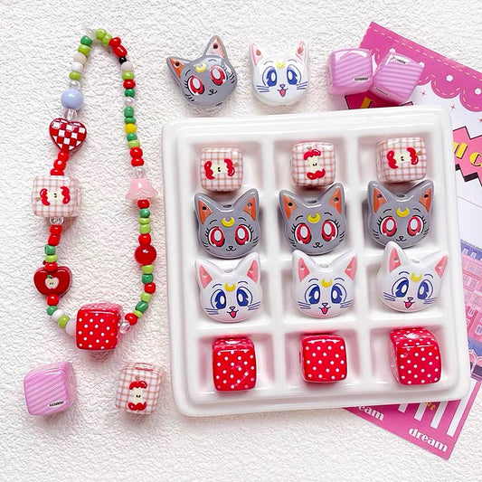 Cat-shaped Red Polka Dot Acrylic Cube Beads