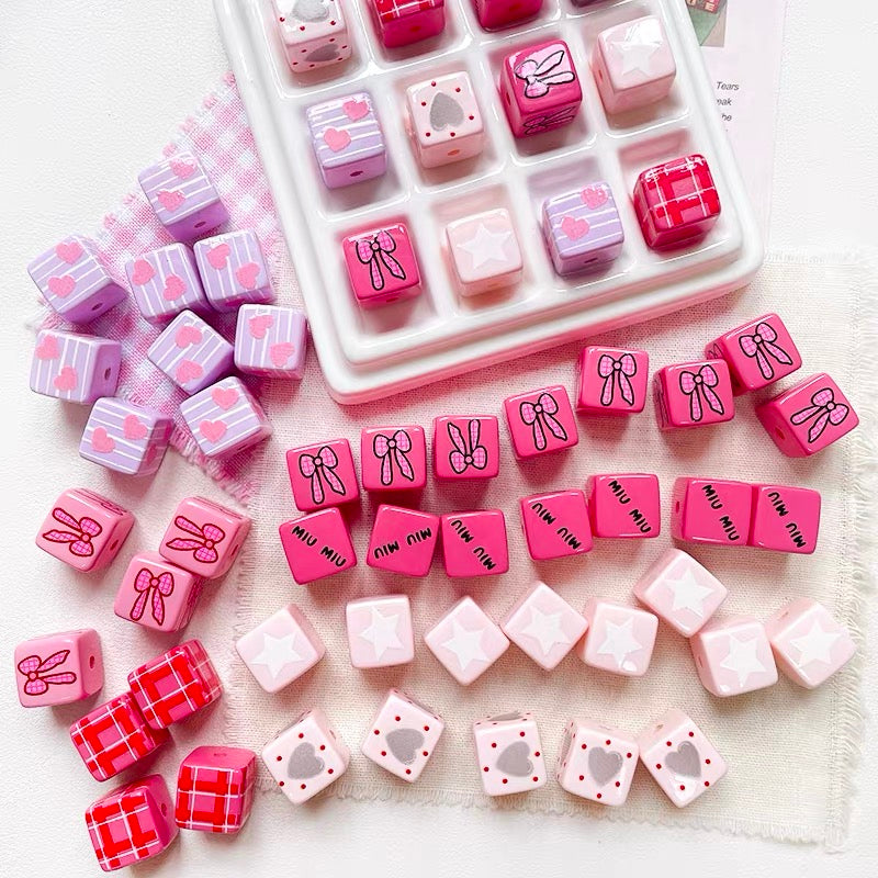 Pink Bowknot Acrylic Cube Beads