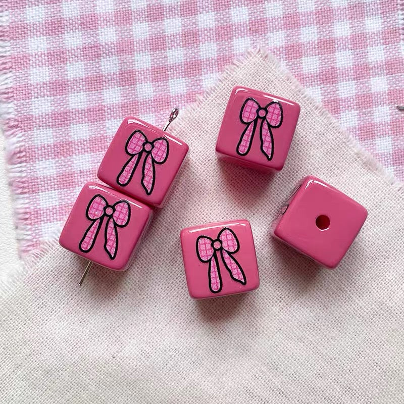 Pink Bowknot Acrylic Cube Beads
