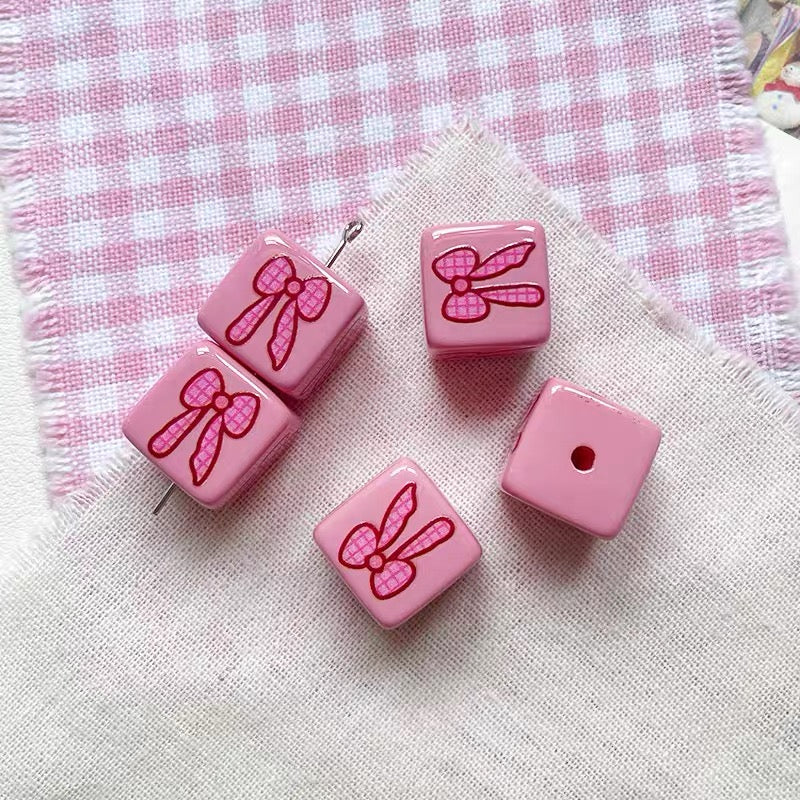 Pink Bowknot Acrylic Cube Beads