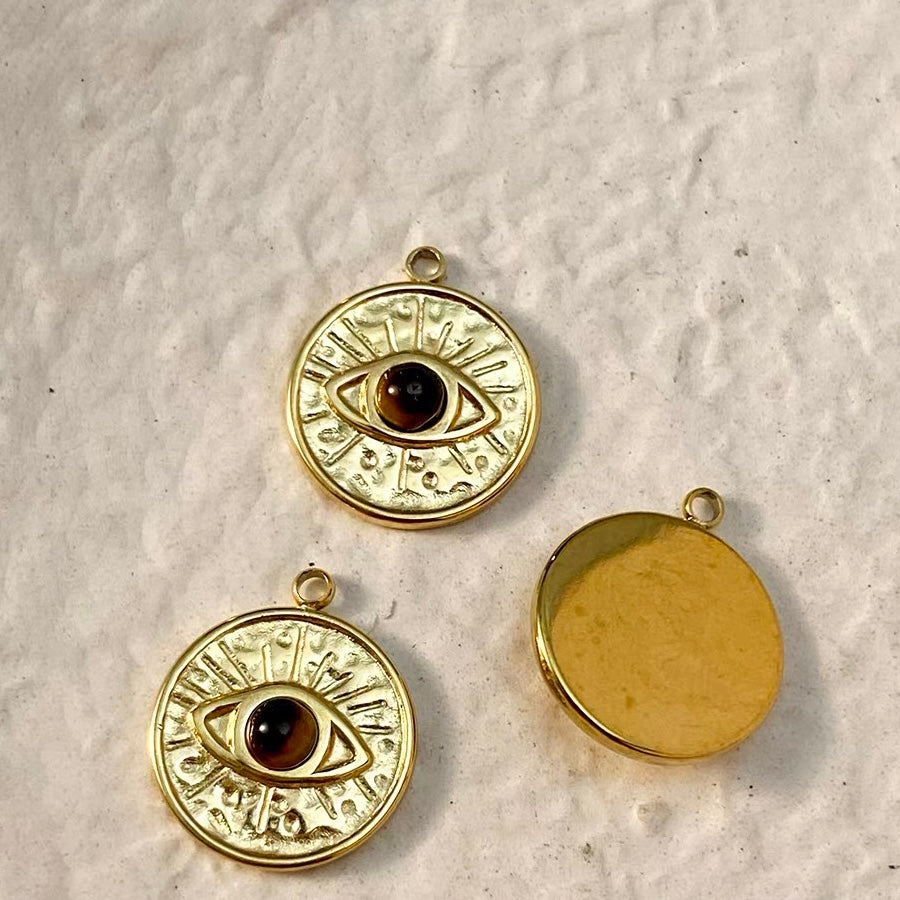 Titanium Steel Pendant Beads Plated with Real Gold and Inlaid with Natural Stones