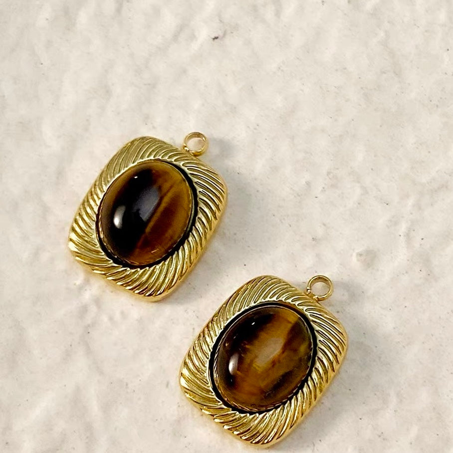 Titanium Steel Pendant Beads Plated with Real Gold and Inlaid with Natural Stones
