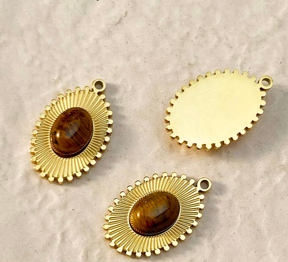 Titanium Steel Pendant Beads Plated with Real Gold and Inlaid with Natural Stones