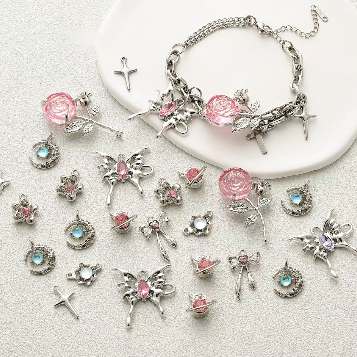 Titanium Steel Pendant Beads with Rose and Butterfly Designs
