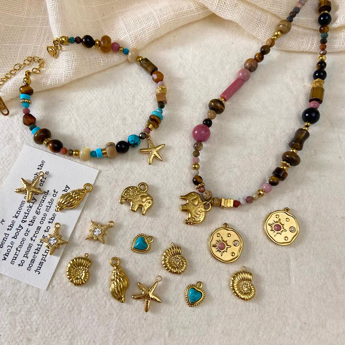 Titanium Steel Pendant Beads Plated with Real Gold and Inlaid with Natural Stones