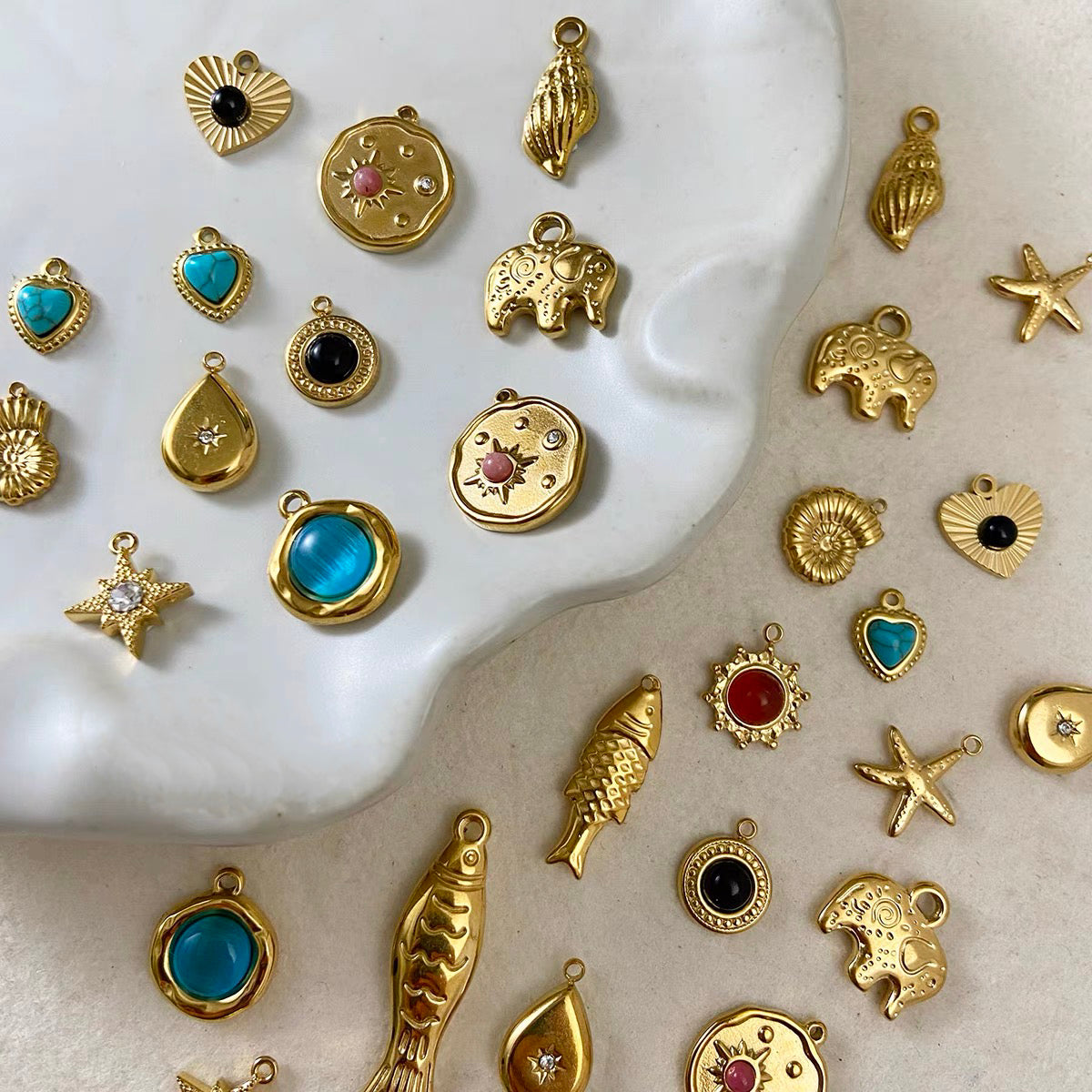 Titanium Steel Pendant Beads Plated with Real Gold and Inlaid with Natural Stones