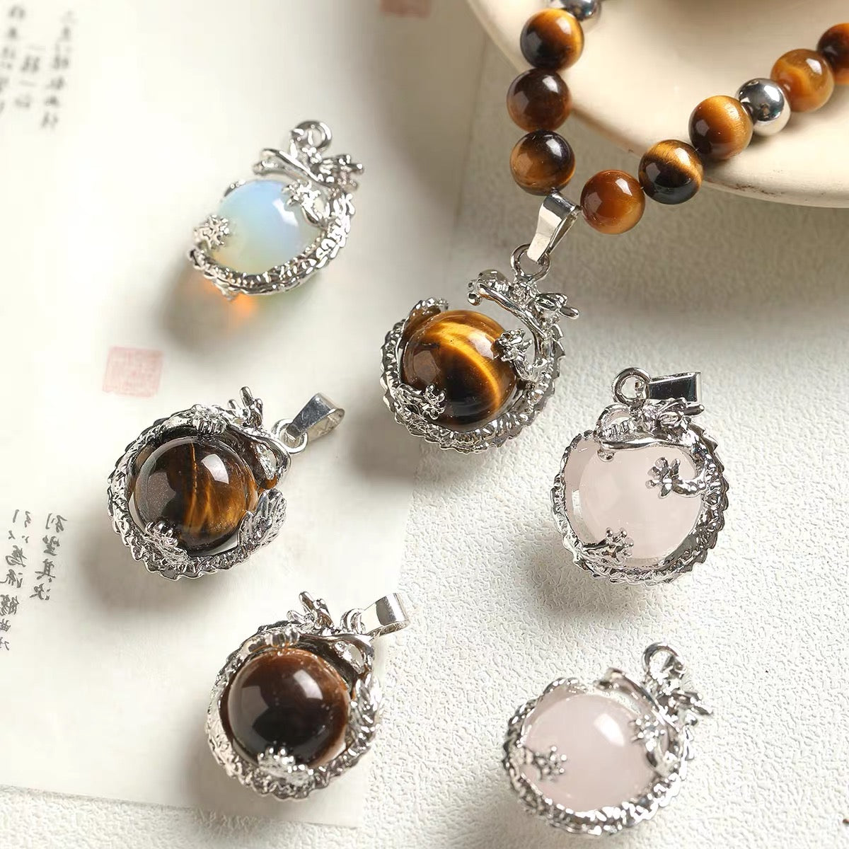 Chinese-Style 3D Dragon Ball Natural Stone Pendant Beads