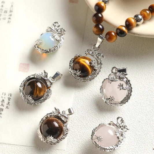 Chinese-Style 3D Dragon Ball Natural Stone Pendant Beads