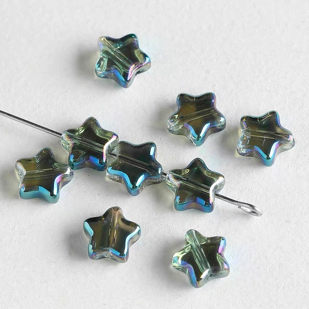 Natural Aquamarine & Colored Glaze Starfish Beaded String