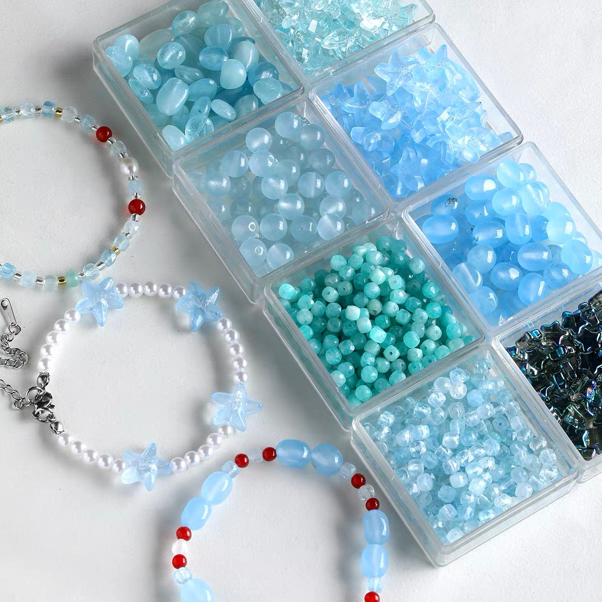 Natural Aquamarine & Colored Glaze Starfish Beaded String