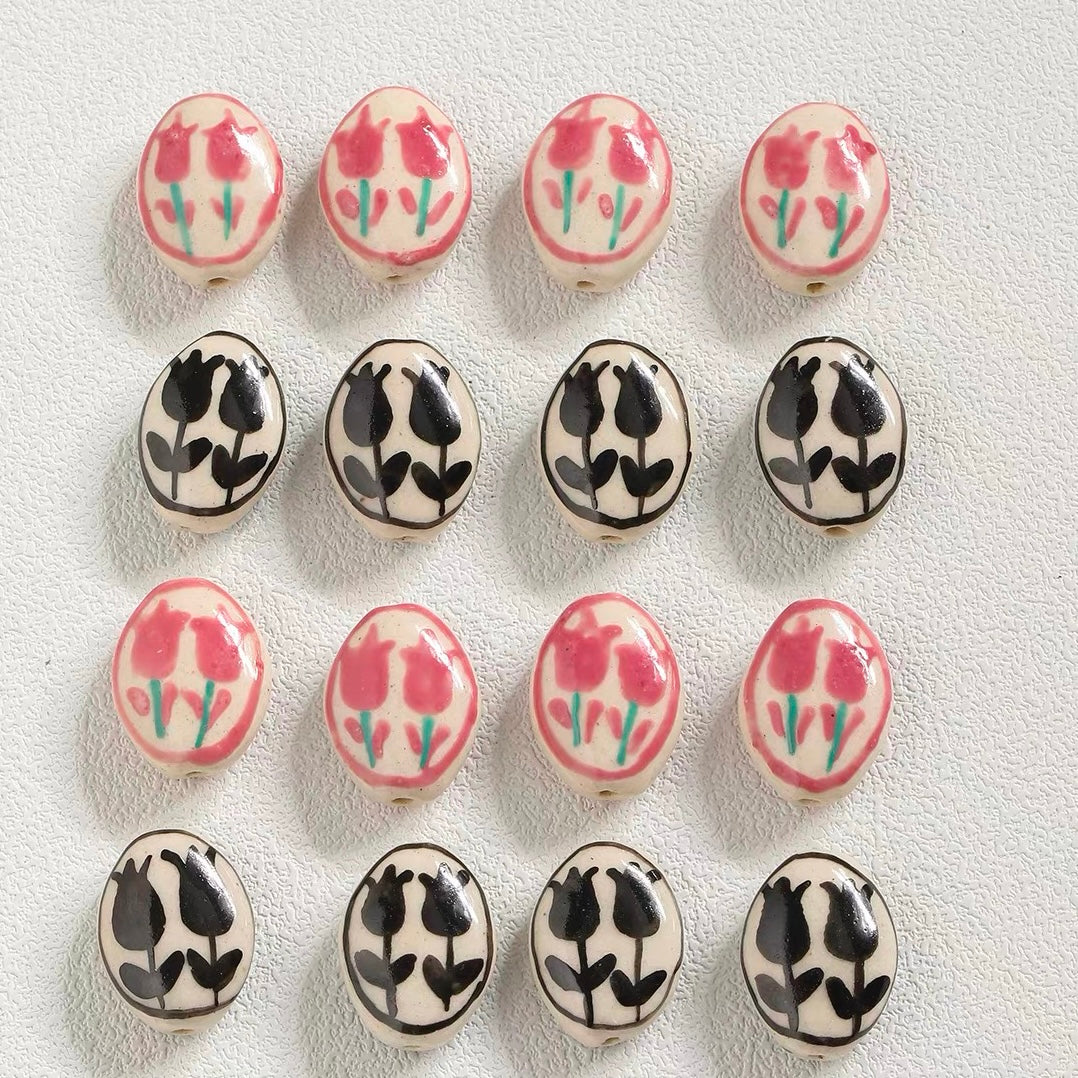 Rose-colored Natural Stone & Hand-painted Tulip Ceramic Beaded String