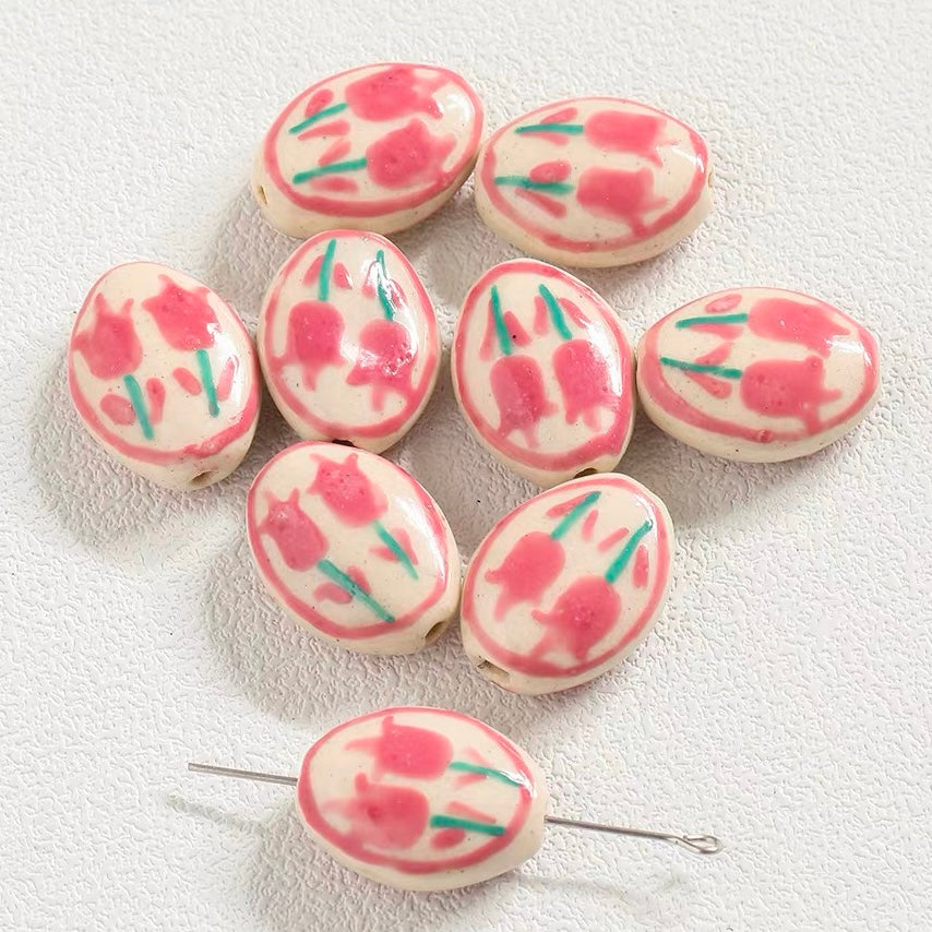 Rose-colored Natural Stone & Hand-painted Tulip Ceramic Beaded String
