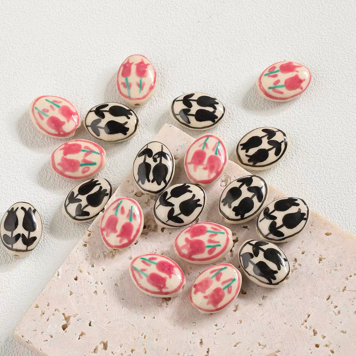 Rose-colored Natural Stone & Hand-painted Tulip Ceramic Beaded String
