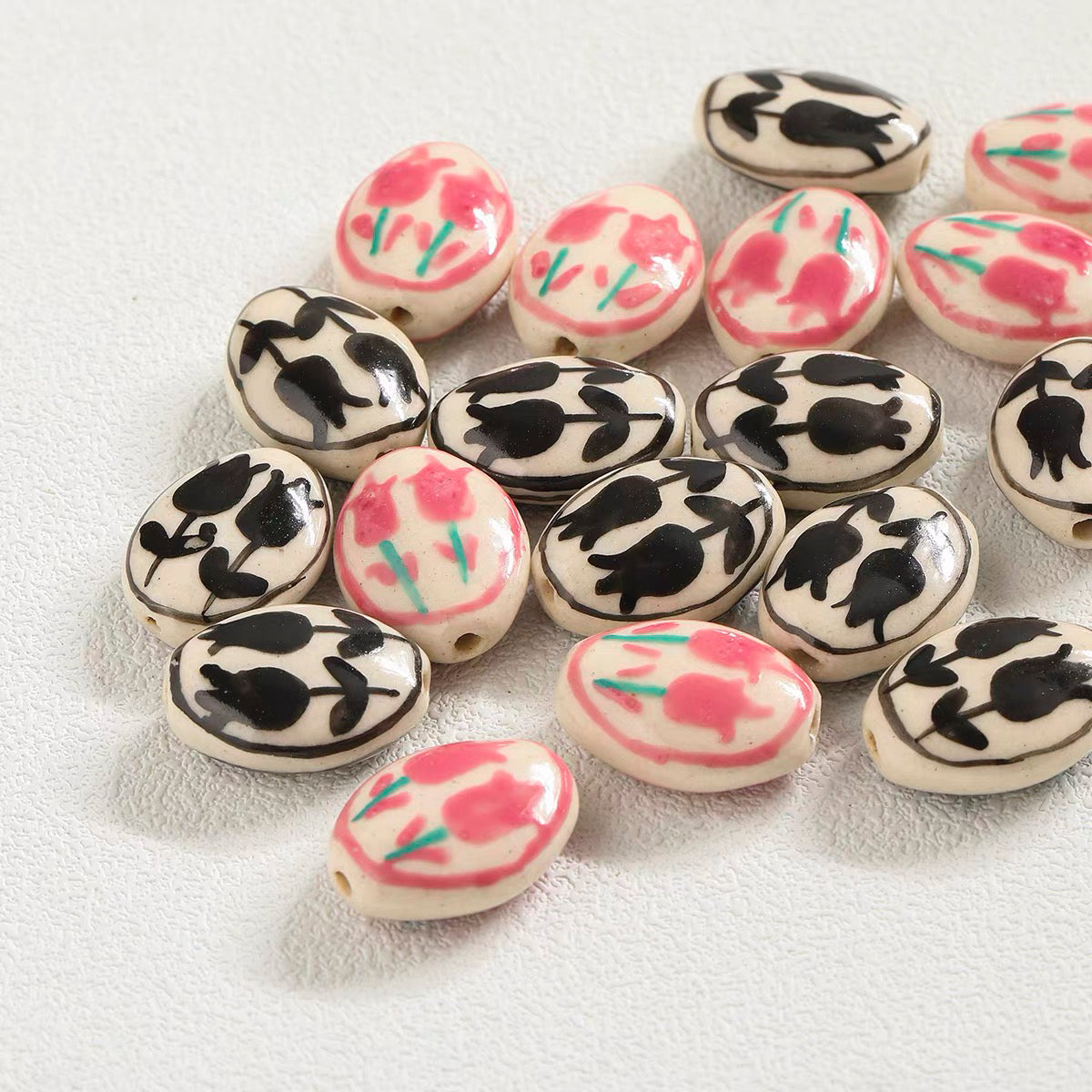 Rose-colored Natural Stone & Hand-painted Tulip Ceramic Beaded String