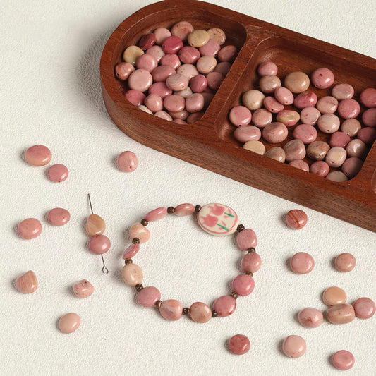 Rose-colored Natural Stone & Hand-painted Tulip Ceramic Beaded String