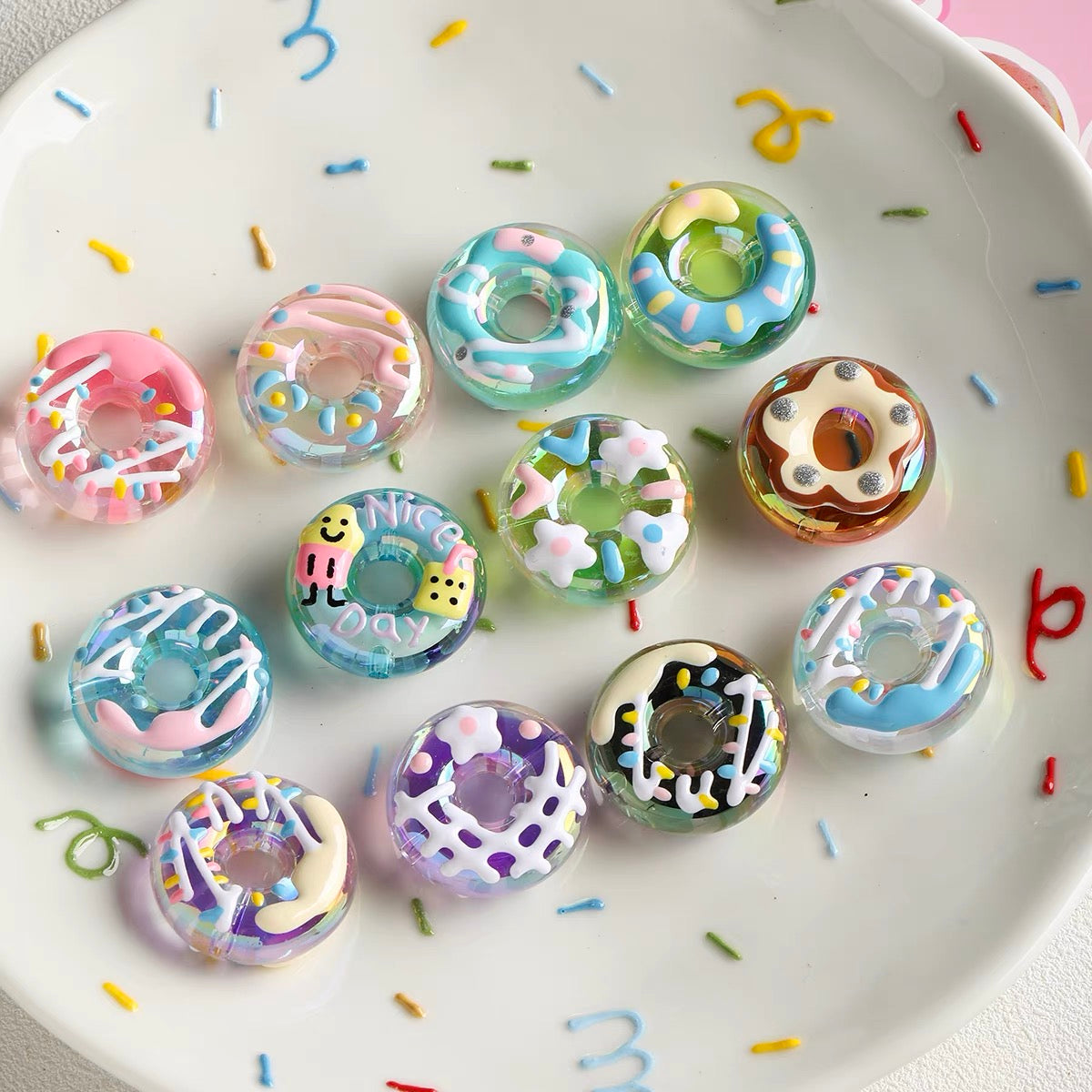 Hand-Painted Acrylic Iridescent Donut Beaded Strand