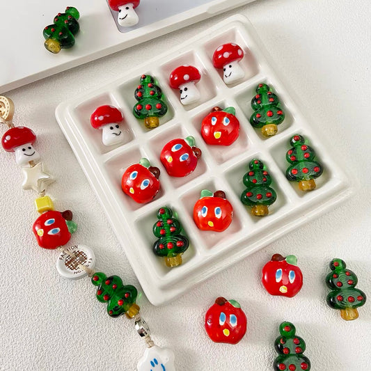 Ceramic Apple & Glass Christmas Tree Mushroom Beaded Strand
