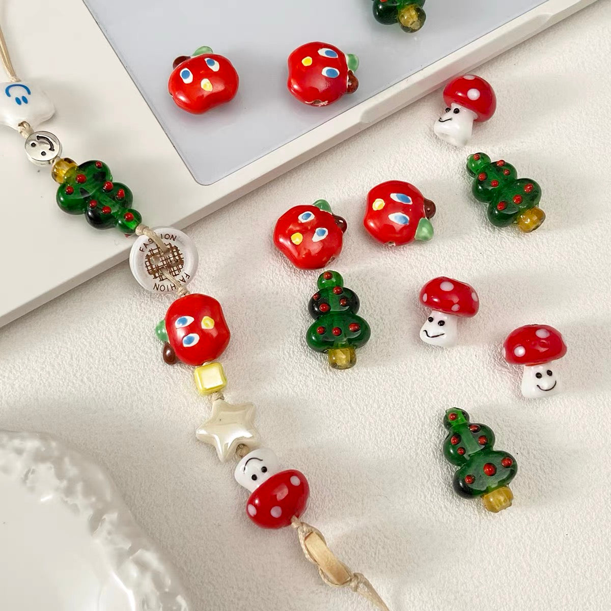 Ceramic Apple & Glass Christmas Tree Mushroom Beaded Strand