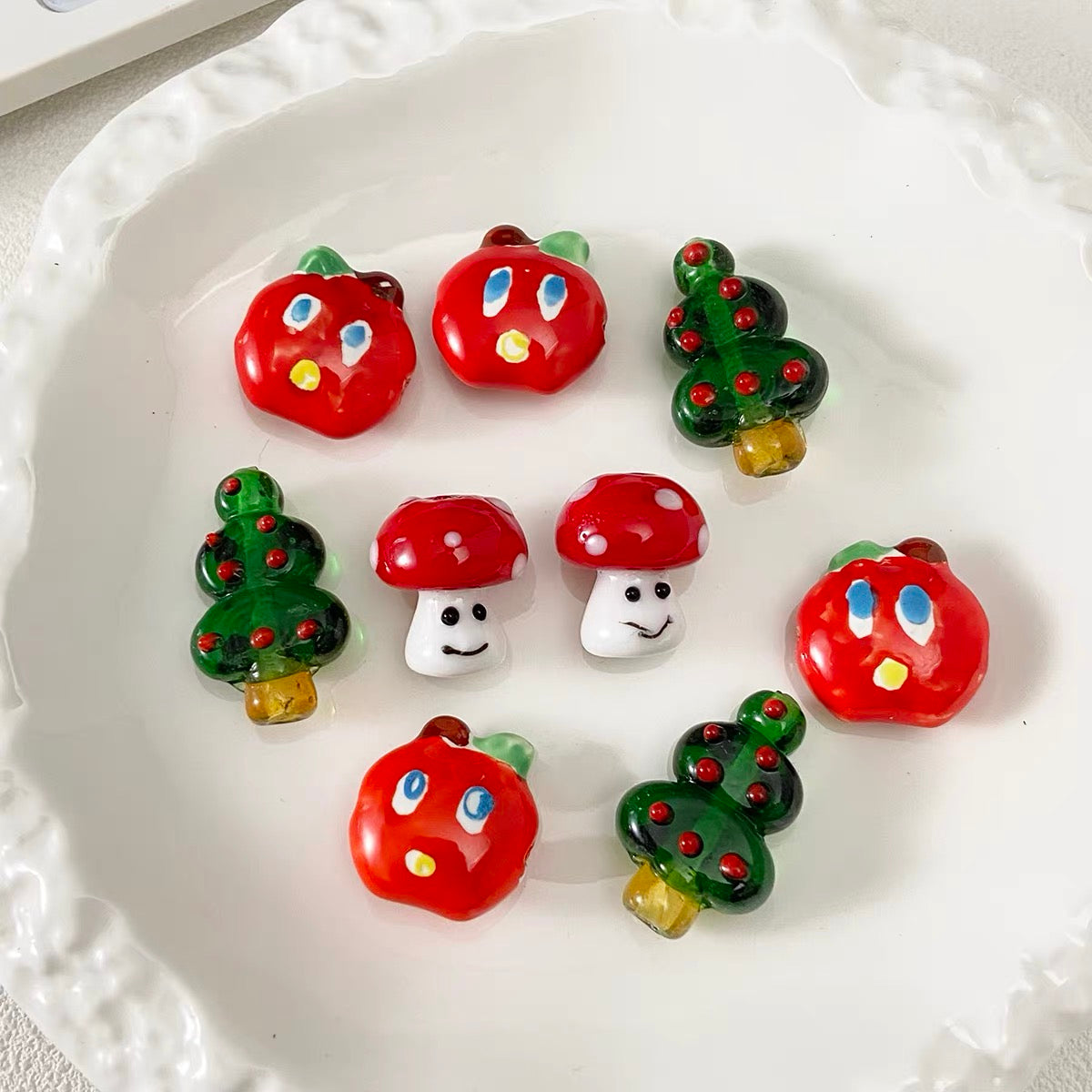 Ceramic Apple & Glass Christmas Tree Mushroom Beaded Strand