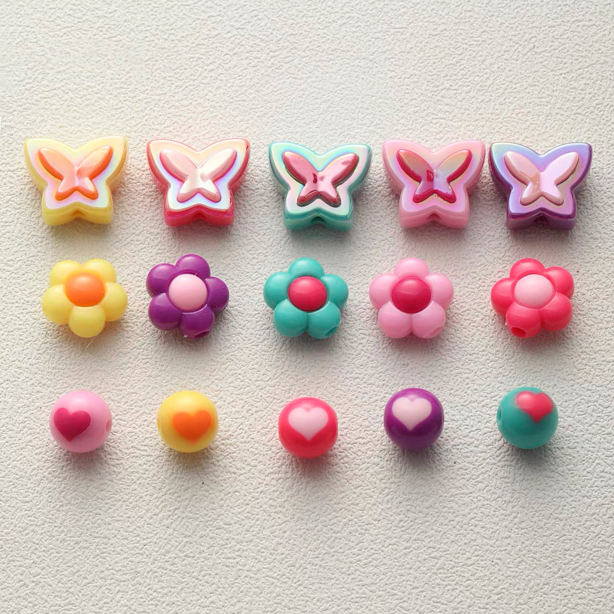 Mixed-Style Bead Strand with Colored Hearts, Butterflies and Flowers