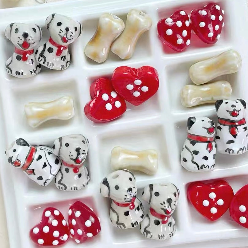 Ceramic Cute Puppy Bone & Heart Beads