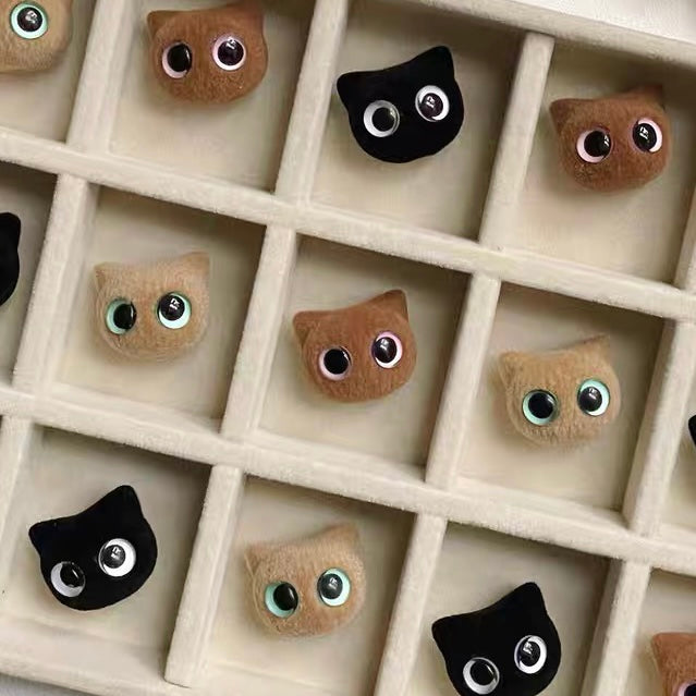 Cute Flocked Cat Head & Eye Beads