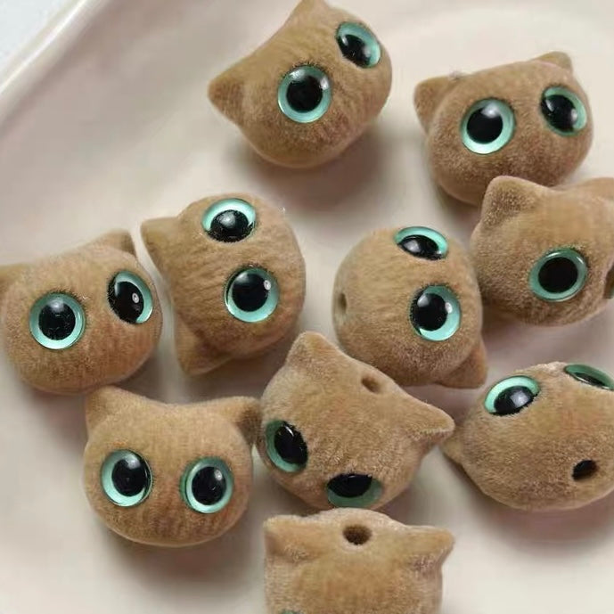 Cute Flocked Cat Head & Eye Beads