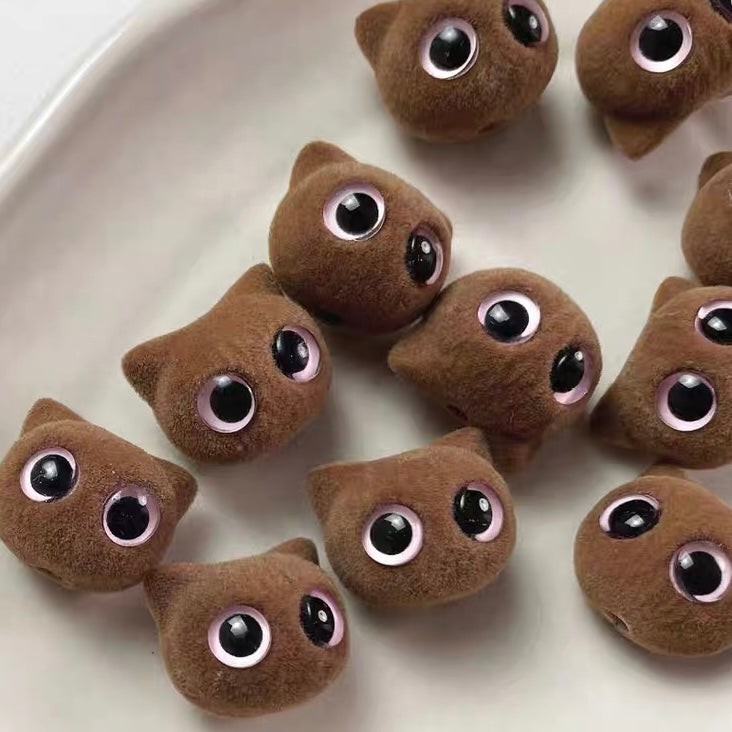 Cute Flocked Cat Head & Eye Beads