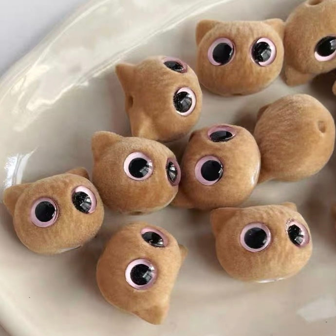Cute Flocked Cat Head & Eye Beads