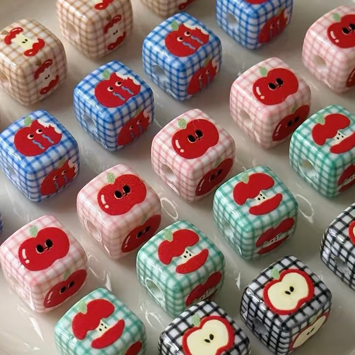 Cute Acrylic Cartoon Printed Apple & Square Beads