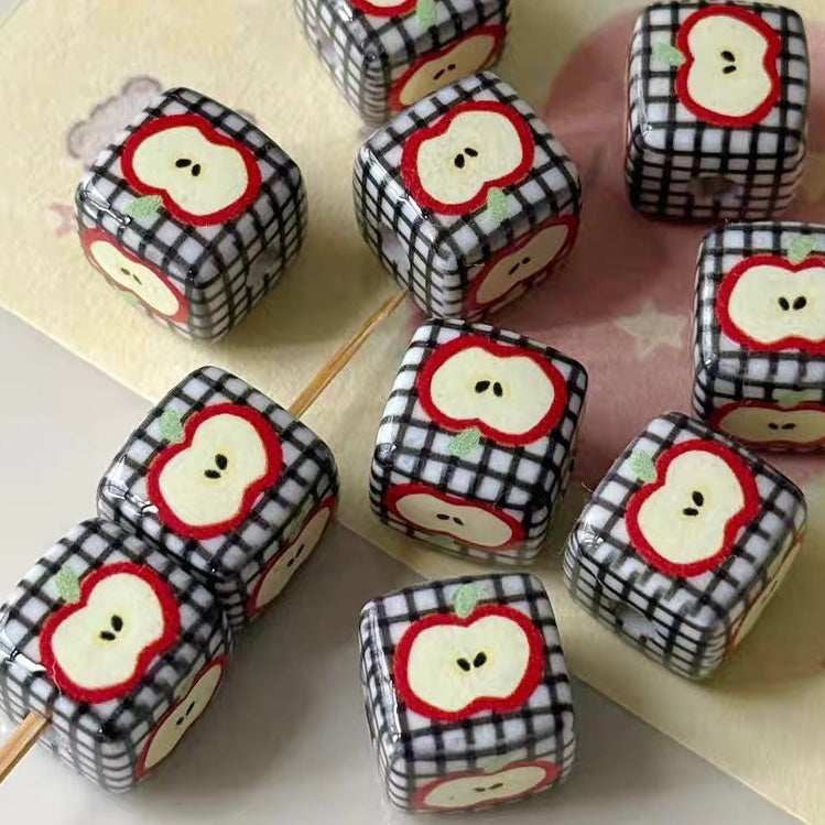 Cute Acrylic Cartoon Printed Apple & Square Beads