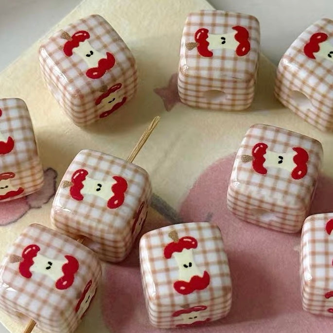 Cute Acrylic Cartoon Printed Apple & Square Beads