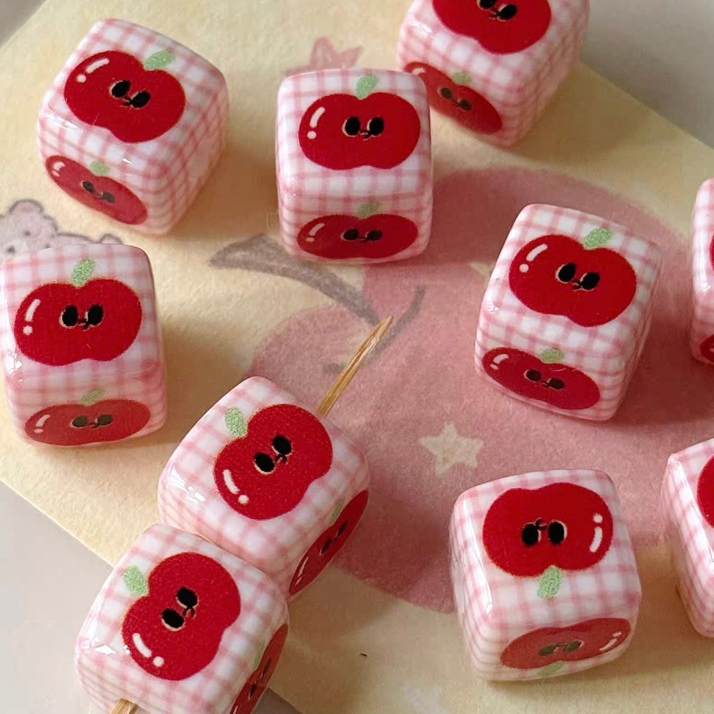Cute Acrylic Cartoon Printed Apple & Square Beads