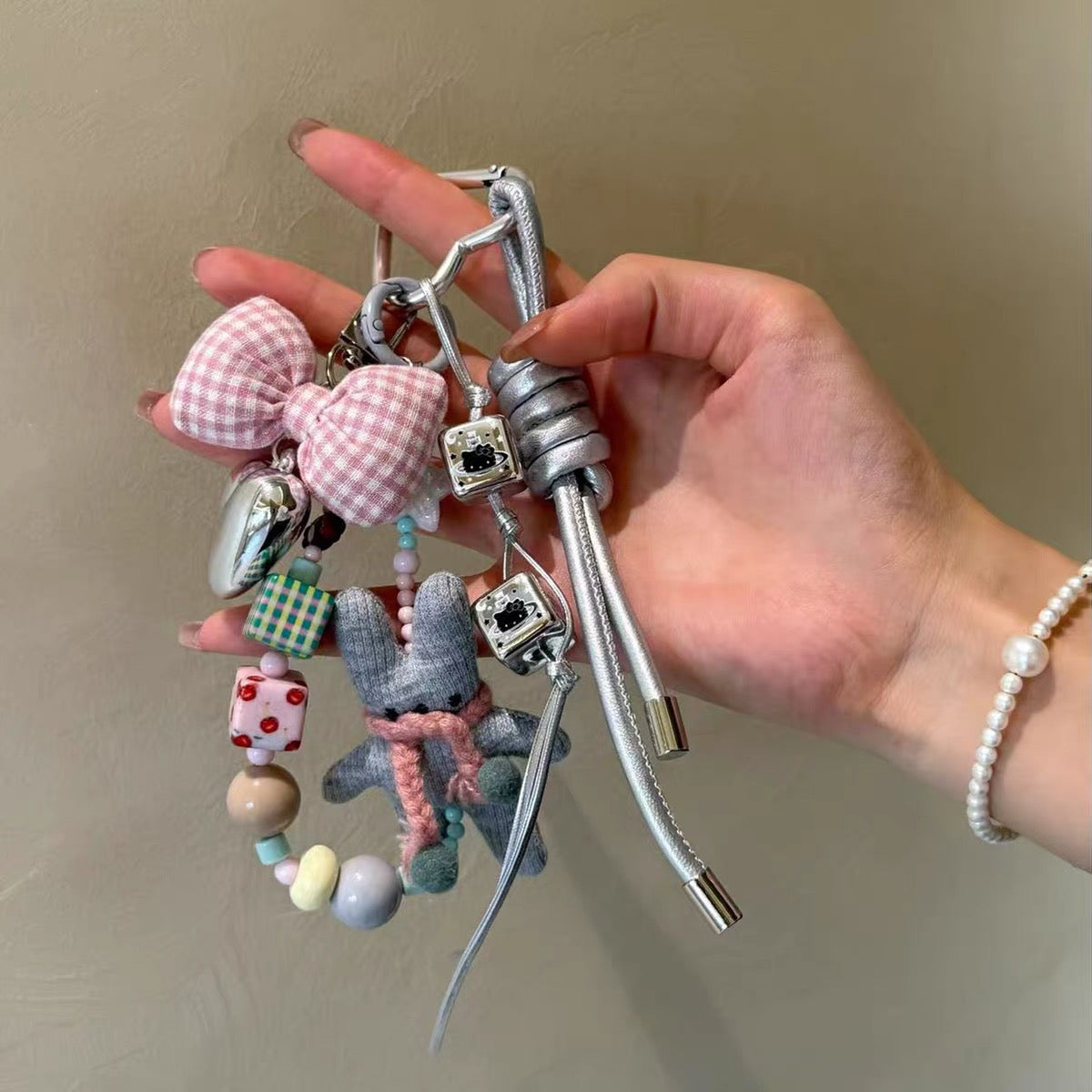 Gray Bunny Handmade Beaded Bag Charm & Phone Chain