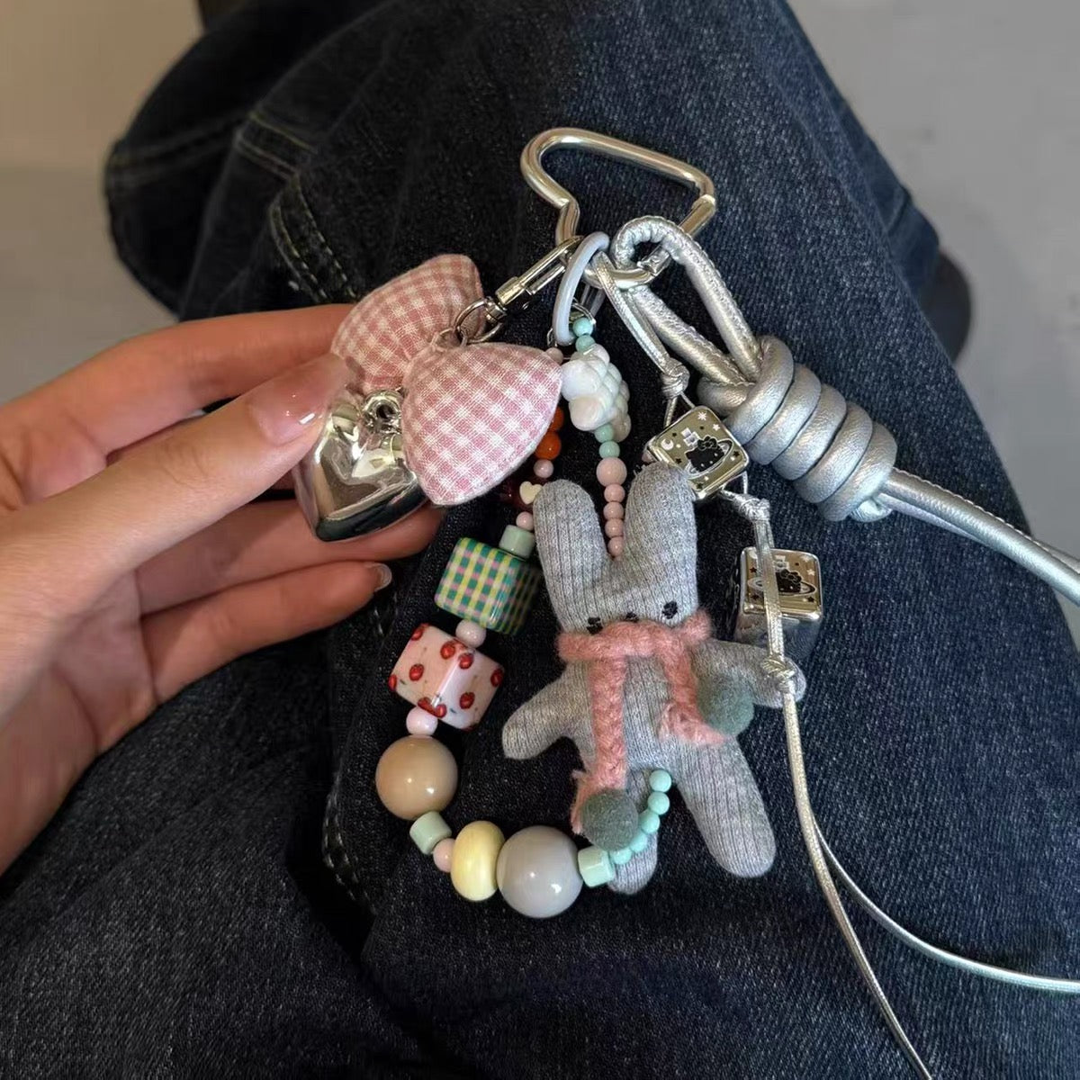 Gray Bunny Handmade Beaded Bag Charm & Phone Chain