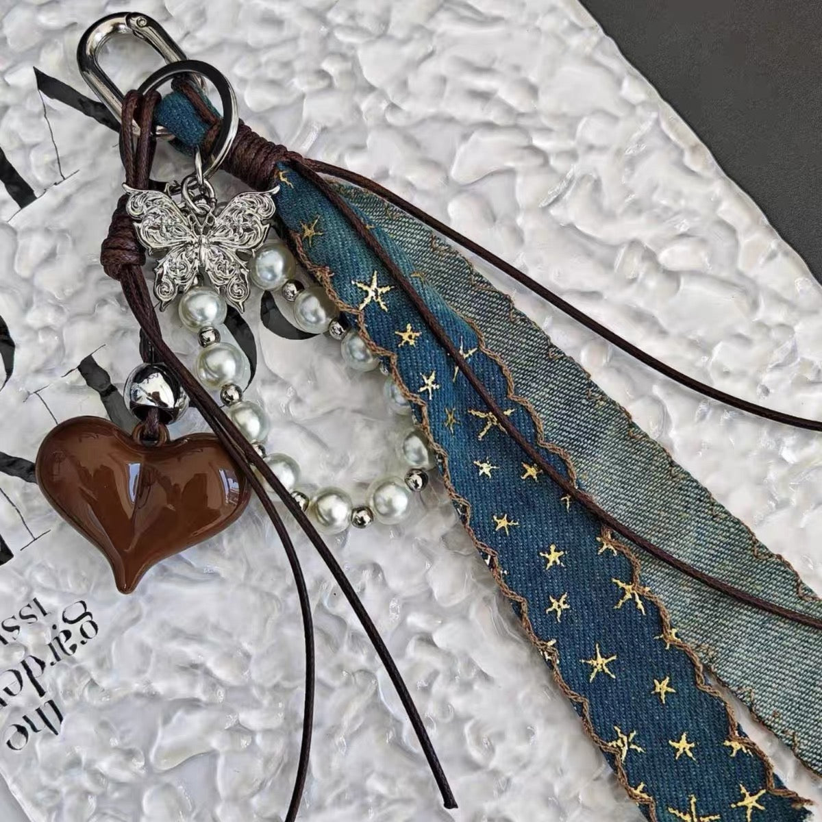 Brown Heart & Butterfly Denim Bag Charm & Phone Chain