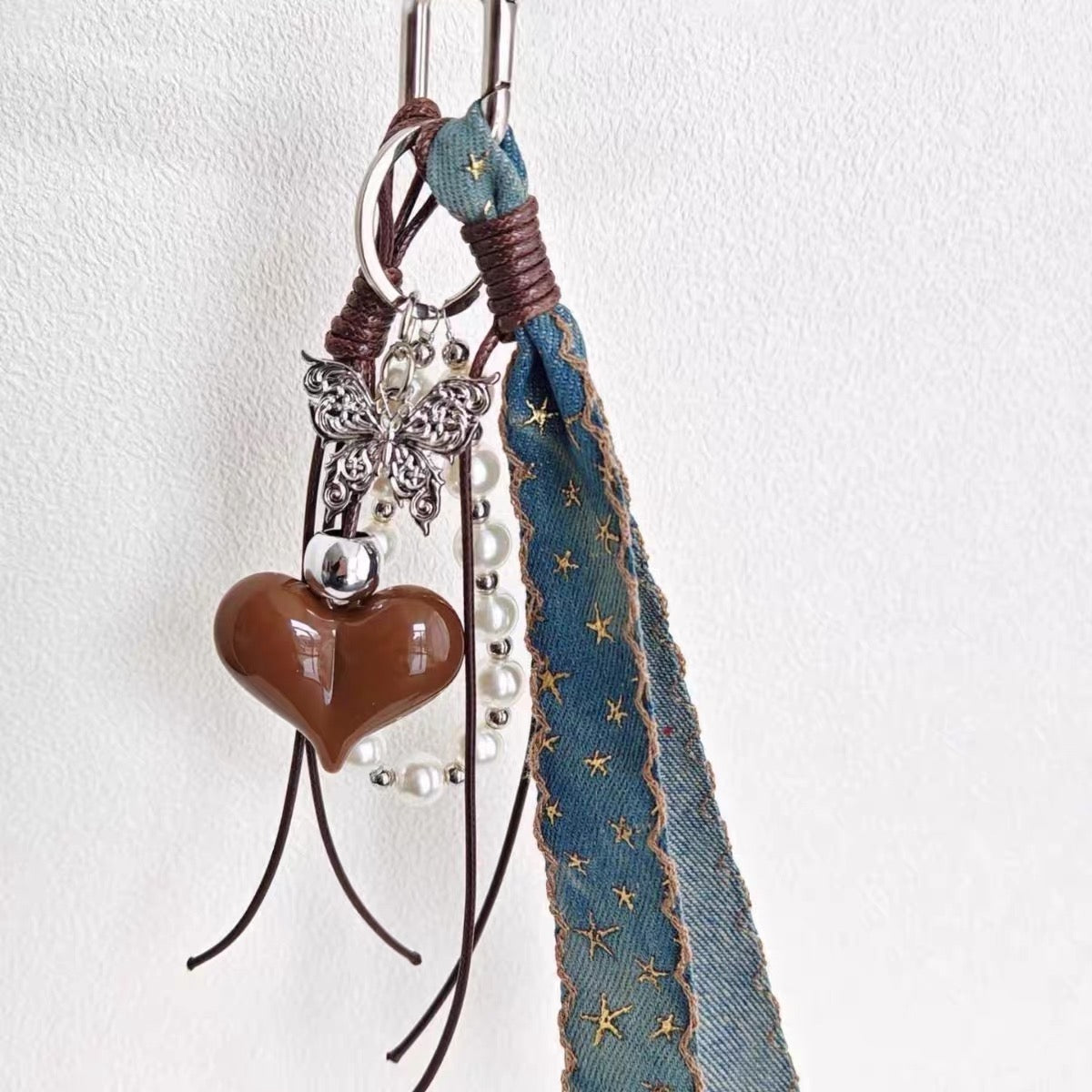 Brown Heart & Butterfly Denim Bag Charm & Phone Chain