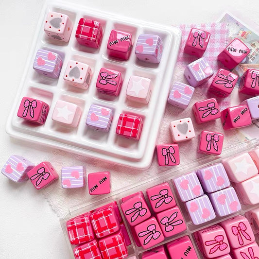 Pink Bowknot Acrylic Cube Beads