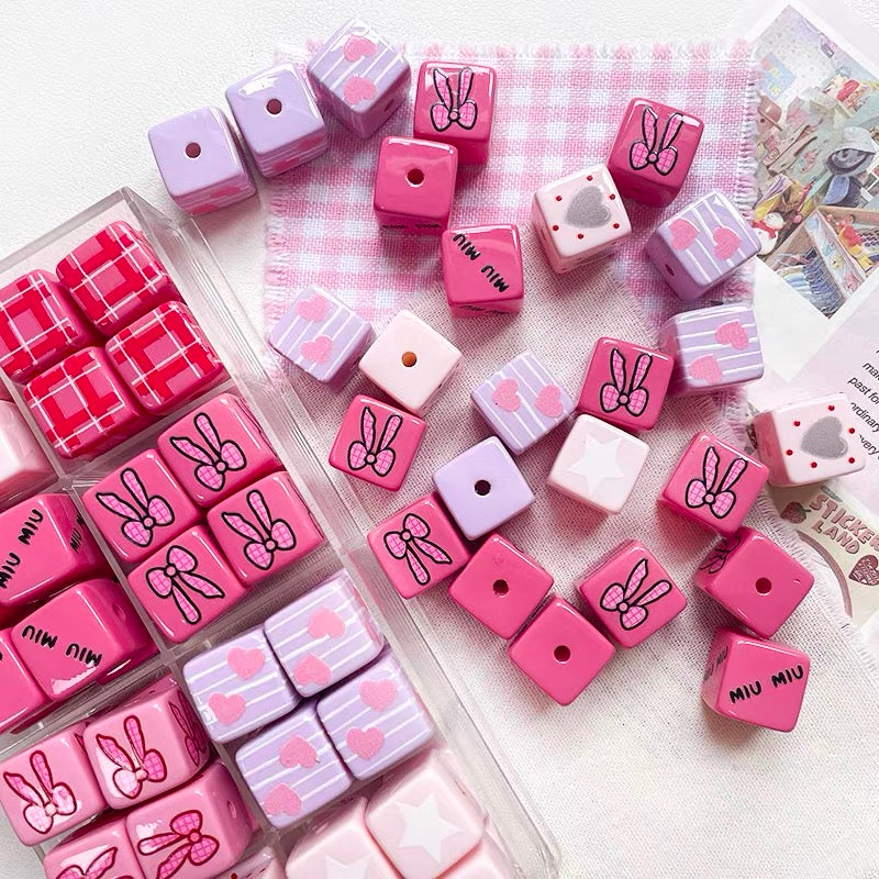 Pink Bowknot Acrylic Cube Beads