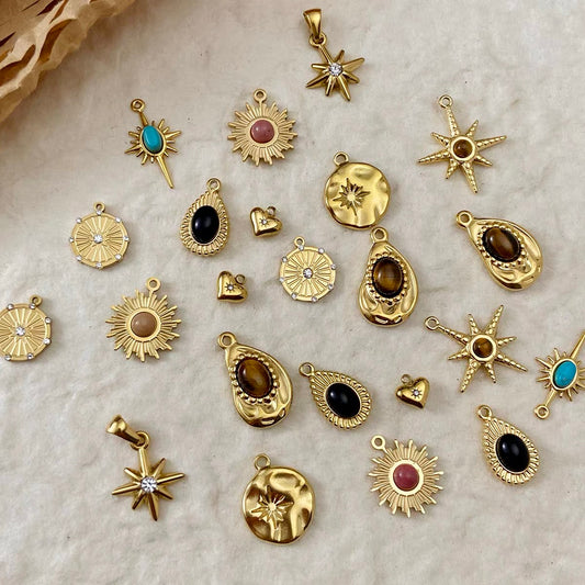 Titanium Steel Pendant Beads Plated with Real Gold and Inlaid with Natural Stones