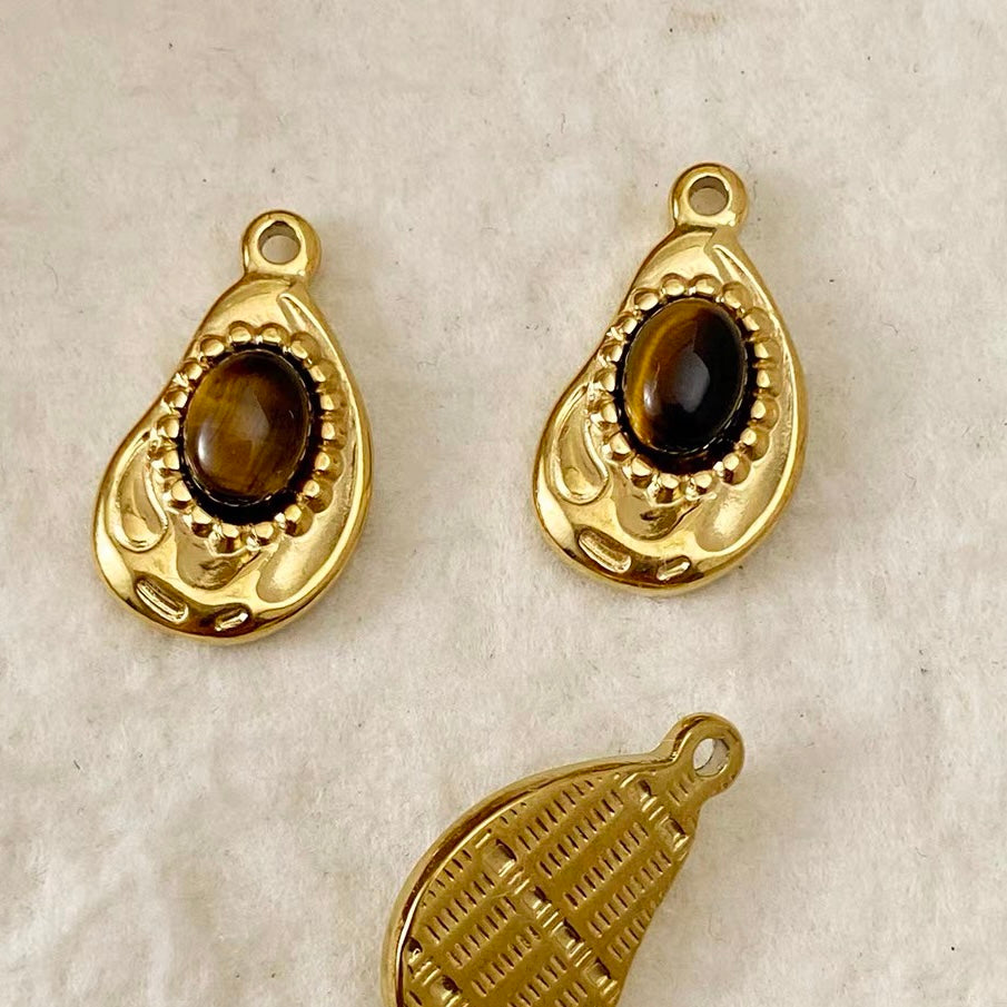Titanium Steel Pendant Beads Plated with Real Gold and Inlaid with Natural Stones