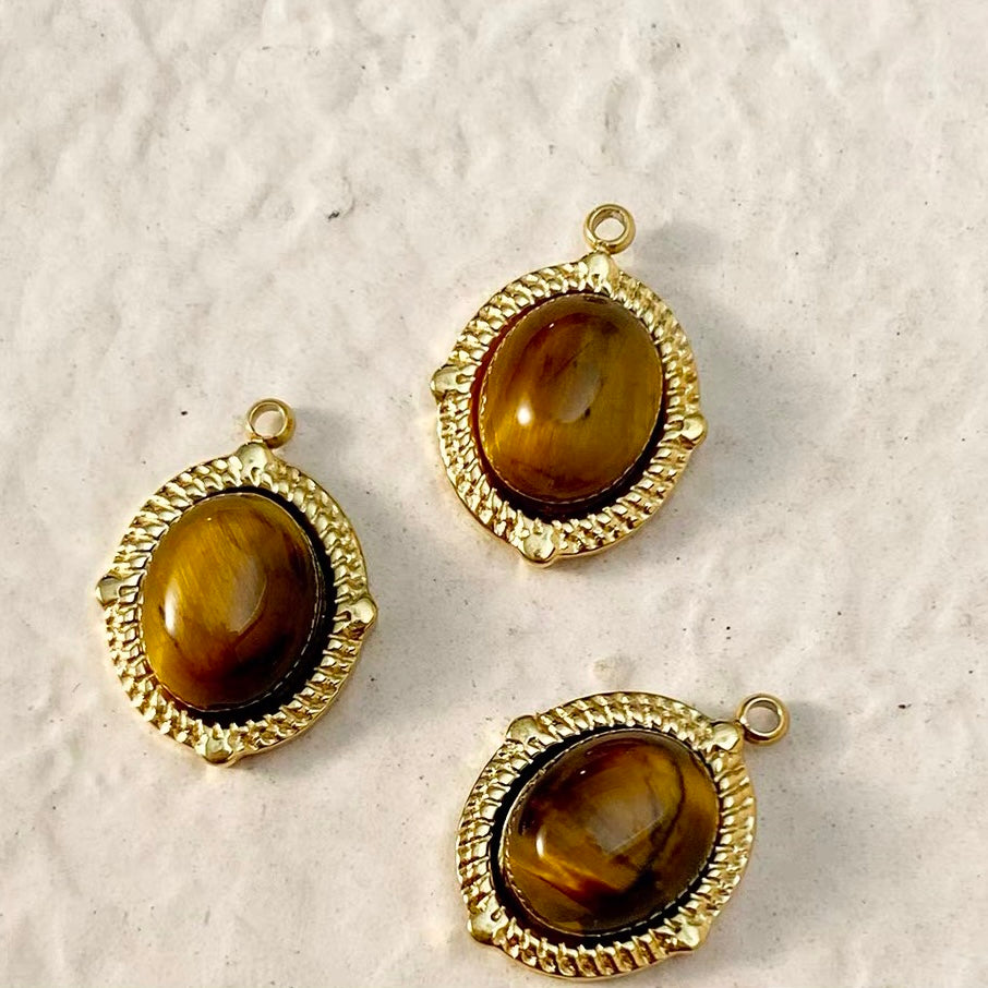 Titanium Steel Pendant Beads Plated with Real Gold and Inlaid with Natural Stones