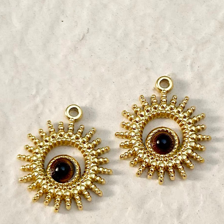Titanium Steel Pendant Beads Plated with Real Gold and Inlaid with Natural Stones