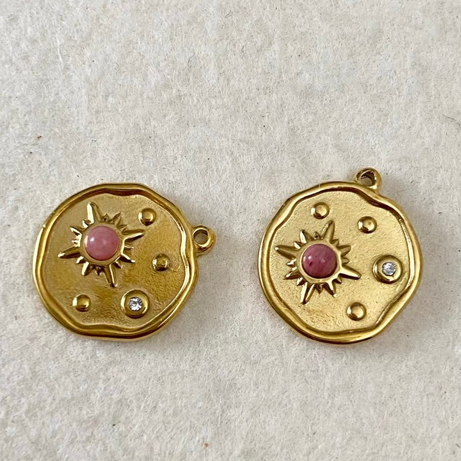 Titanium Steel Pendant Beads Plated with Real Gold and Inlaid with Natural Stones