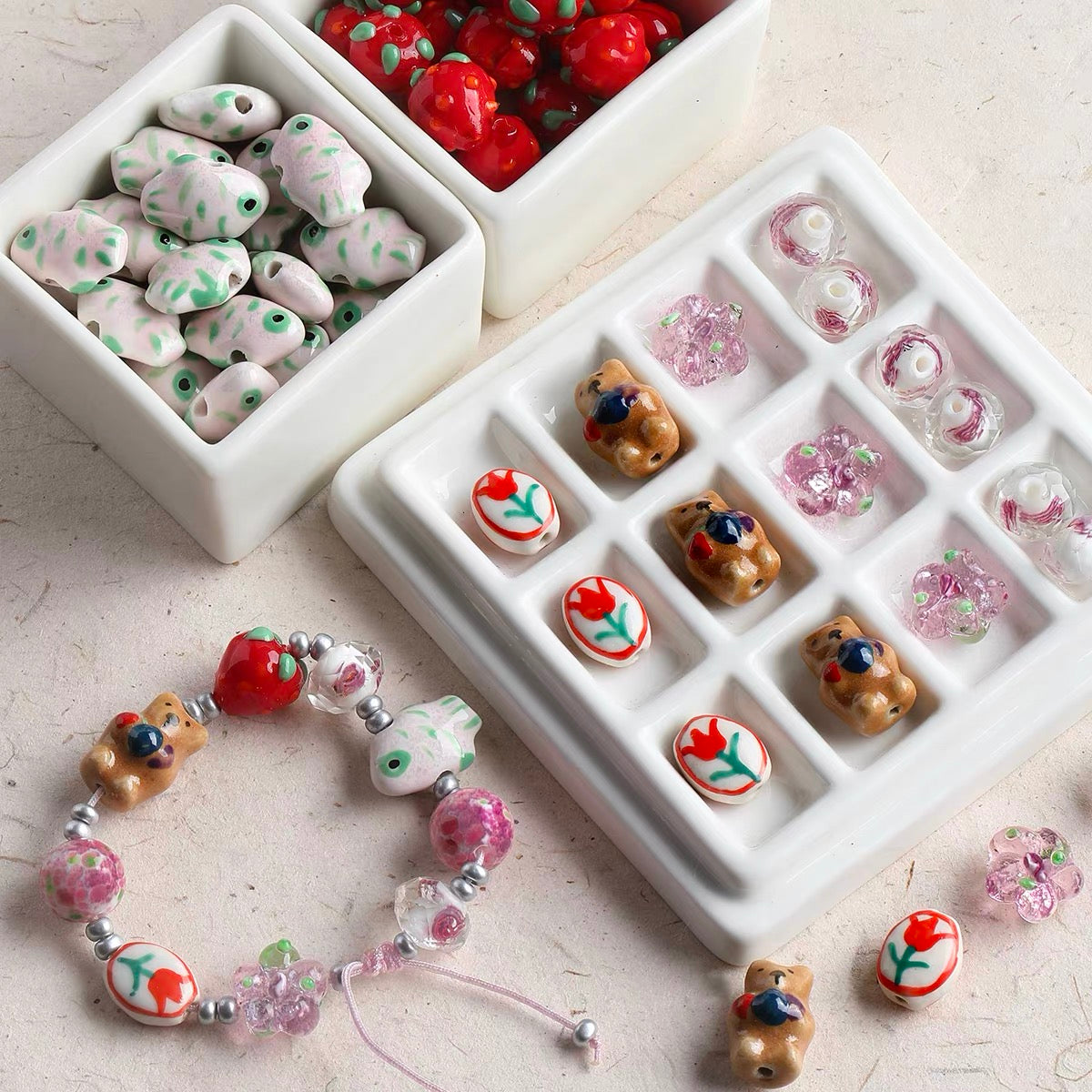 Hand-painted Ceramic & Colored Glaze Beaded String with Enamel