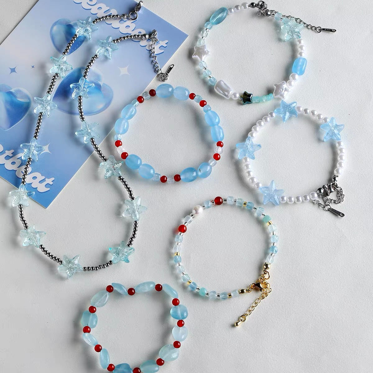 Natural Aquamarine & Colored Glaze Starfish Beaded String